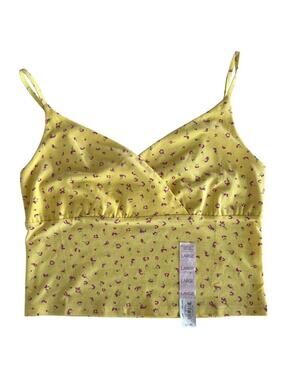 SO Ladies Juniors Wrap Front Cami Tee Crop Top Yellow with pink flowers